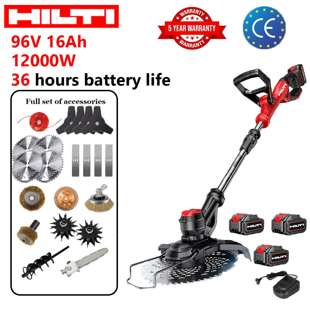 Modelo luxuoso de alta potência - Recomendado: potência de 12.000 W, 36 horas de duração da bateria (presente: bateria de lítio 96V 16Ah * 3 + lâmina de serra de liga * 4 + lâmina reta * 4 + lâmina triangular * 4 + cabeça de corte de liga * 1 + cabeça de arado * 2 + cabeça de polimento de tubo * 1 + cabeça de polimento de liga * 1 + cabeça de escova de arame grande * 1 + cabeça espiral * 1 + cabeça de serra * 1 + carregador rápido * 1)