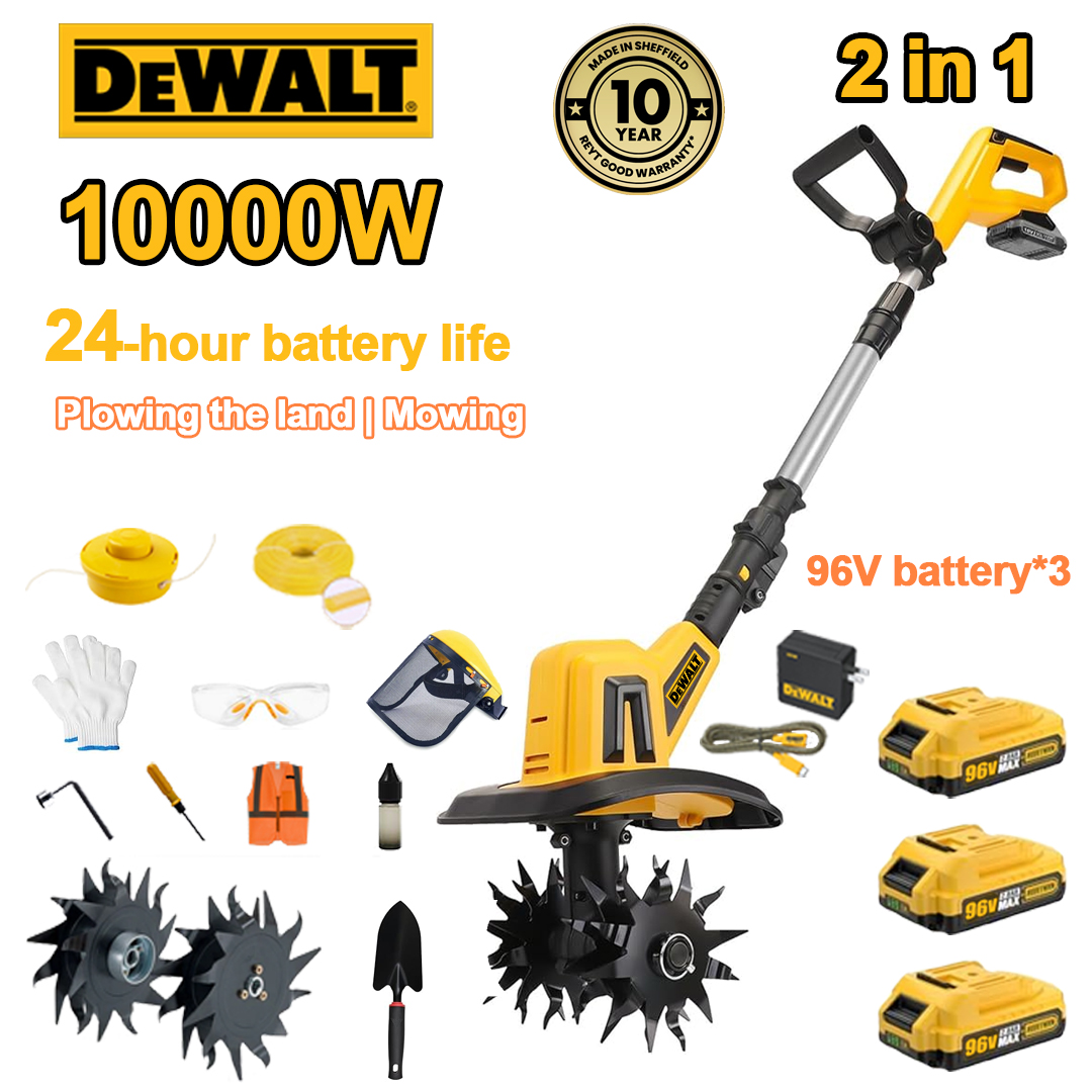 (24 horas de autonomia da bateria) Arado de 10000 W + bateria de lítio de 96 V * 3 + carregador rápido * 1 + pá * 1 + lâmina de arado * 4 + disco de corte * 1 + corda de corte * 1 + vários acessórios