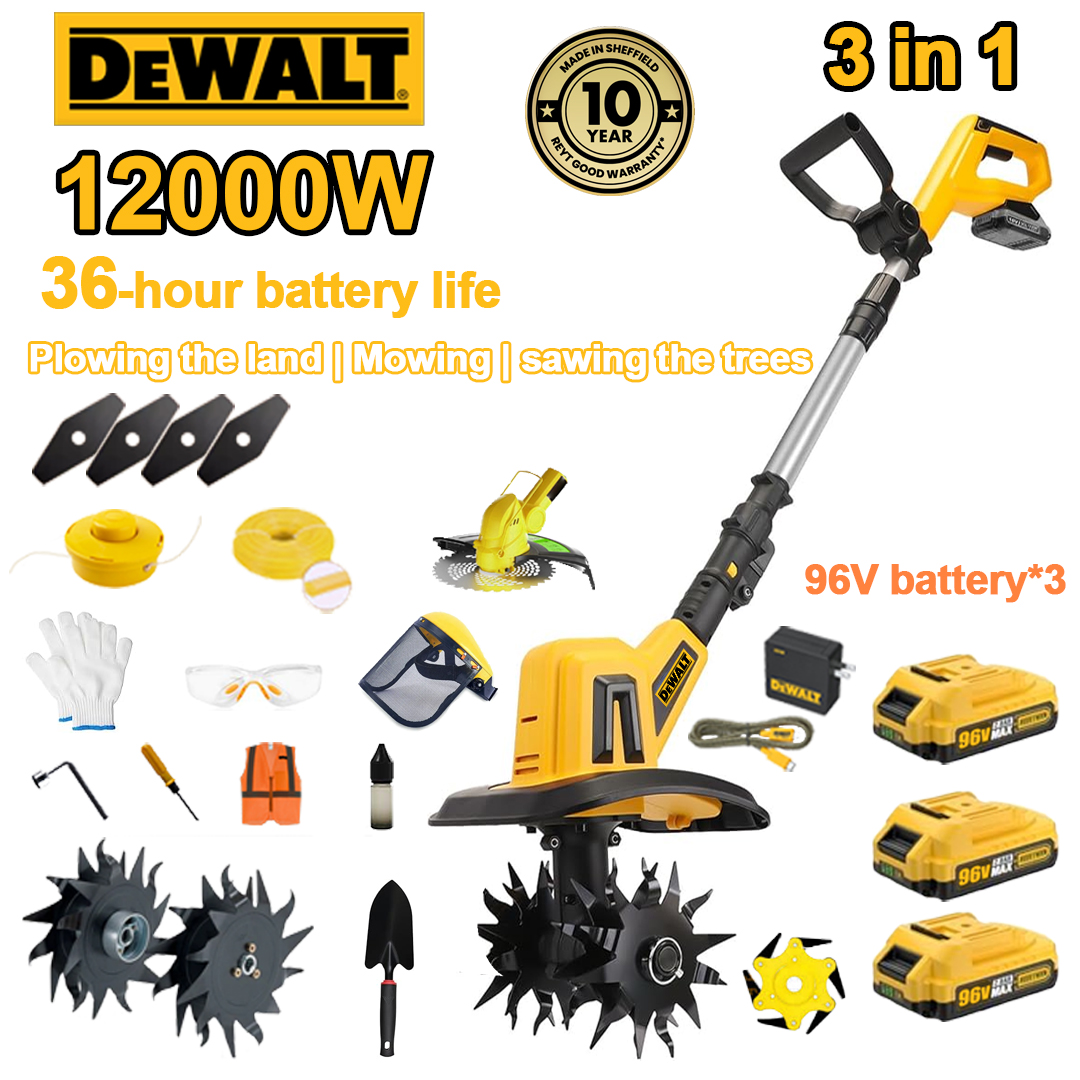 (36 horas de autonomia da bateria) Arado de 12000 W + bateria de lítio de 96 V * 3 + carregador rápido * 1 + pá * 1 + cabeça de lâmina reta * 4 + cabeça de aparador de relva * 1 + lâmina de arado * 4 + lâmina de serra de liga * 1 + linha de aparador * 1 + linha de aparador * 1 + vários acessórios