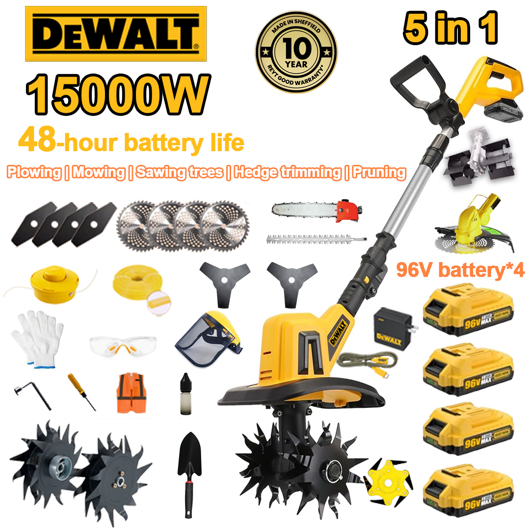 (48 horas de duração da bateria) Arado de 15000 W + bateria de lítio de 96 V * 4 + carregador rápido * 1 + cabeça de corta-relva * 1 + pá * 1 + lâmina reta * 4 + lâmina de arado * 4 + lâmina de serra circular * 4 + lâmina de serra triangular * 2 + serra de liga +1 lâmina de serra +1 lâmina de serra cabeça de corta-relva * 1 + serra * 1 + aparador de sebes * 1 + vários acessórios