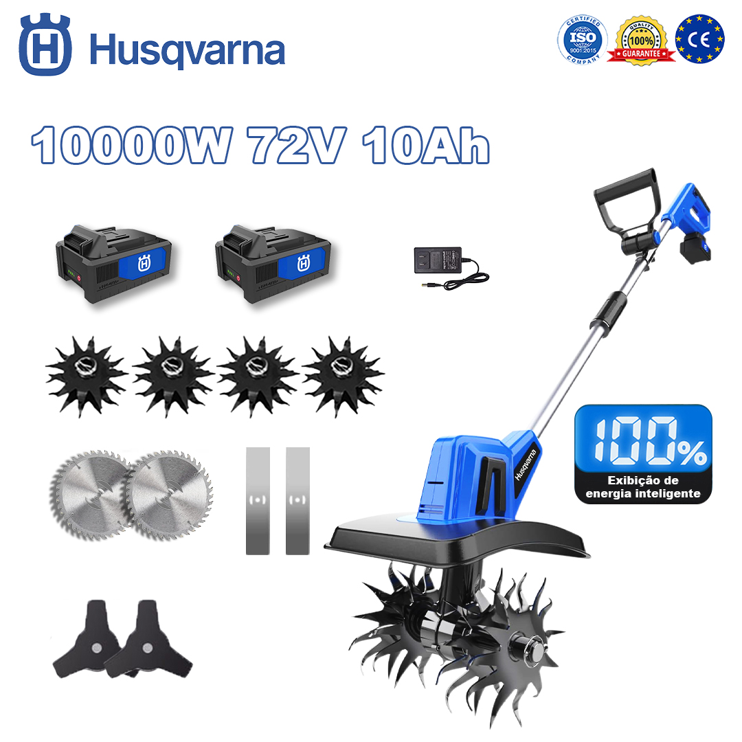 Husqvarna Cultivador 10000W * 1 + Bateria 72V 10.0Ah * 2 + Carregador Rápido * 1 + Cabeça de Arado * 4 + Lâmina de Serra Circular * 2 + Lâmina de Serra Reta * 2 + Lâmina de Serra Triangular * 2 + Luvas * 1 + Óculos de Proteção * 1 + Capacete de Segurança * 1 + Chave de Fenda * 1 + Roupa de Proteção * 1 + Óleo Lubrificante * 1 + Cartão de Garantia de 5 Anos * 1