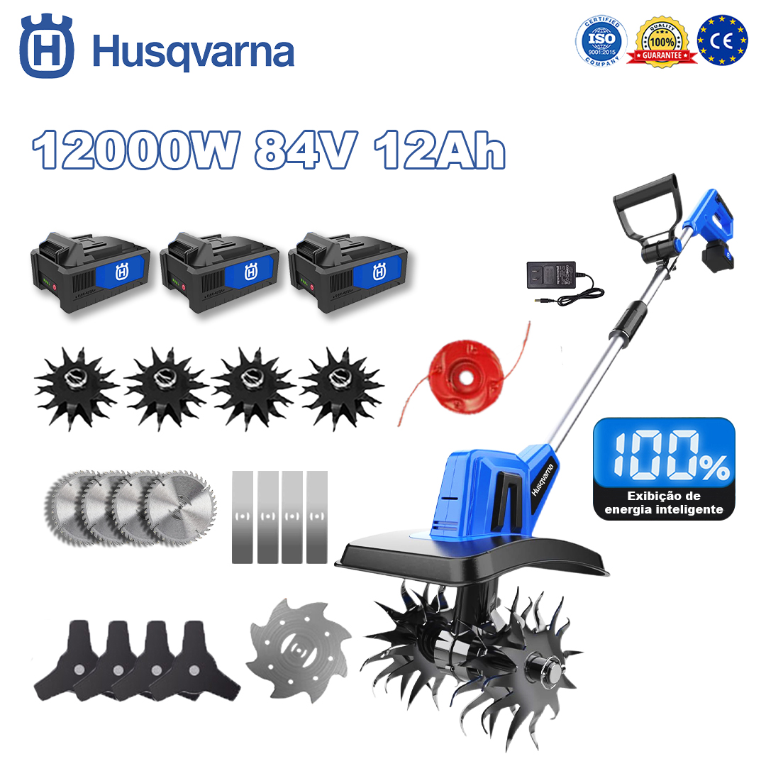 Husqvarna Cultivador 12000W * 1 + Bateria 84V 12.0Ah * 3 + Carregador Rápido * 1 + Cabeça de Arado * 4 + Lâmina de Serra Circular * 4 + Lâmina de Serra Reta * 4 + Lâmina de Liga * 1 + Lâmina de Serra Triangular * 4 + Corda de Corte de Liga * 1 + Luvas * 1 + Óculos de Proteção * 1 + Capacete de Segurança * 1 + Chave de Fenda * 1 + Roupa de Proteção * 1 + Óleo Lubrificante * 1 + Cartão de Garantia de 5 Anos * 1