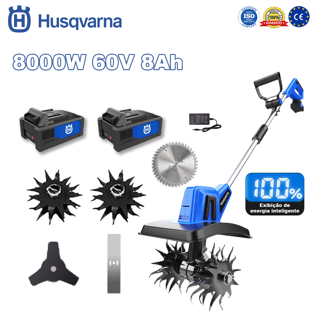 Husqvarna Cultivador 8000W * 1 + Bateria 60V 8.0Ah * 1 + Carregador Rápido * 1 + Cabeça de Arado * 2 + Lâmina de Serra Circular * 1 + Lâmina de Serra Reta * 1 + Lâmina de Serra Triangular * 1 + Luvas * 1 + Óculos de Proteção * 1 + Capacete de Segurança * 1 + Chave de Fenda * 1 + Roupa de Proteção * 1 + Óleo Lubrificante * 1 + Cartão de Garantia de 5 Anos * 1